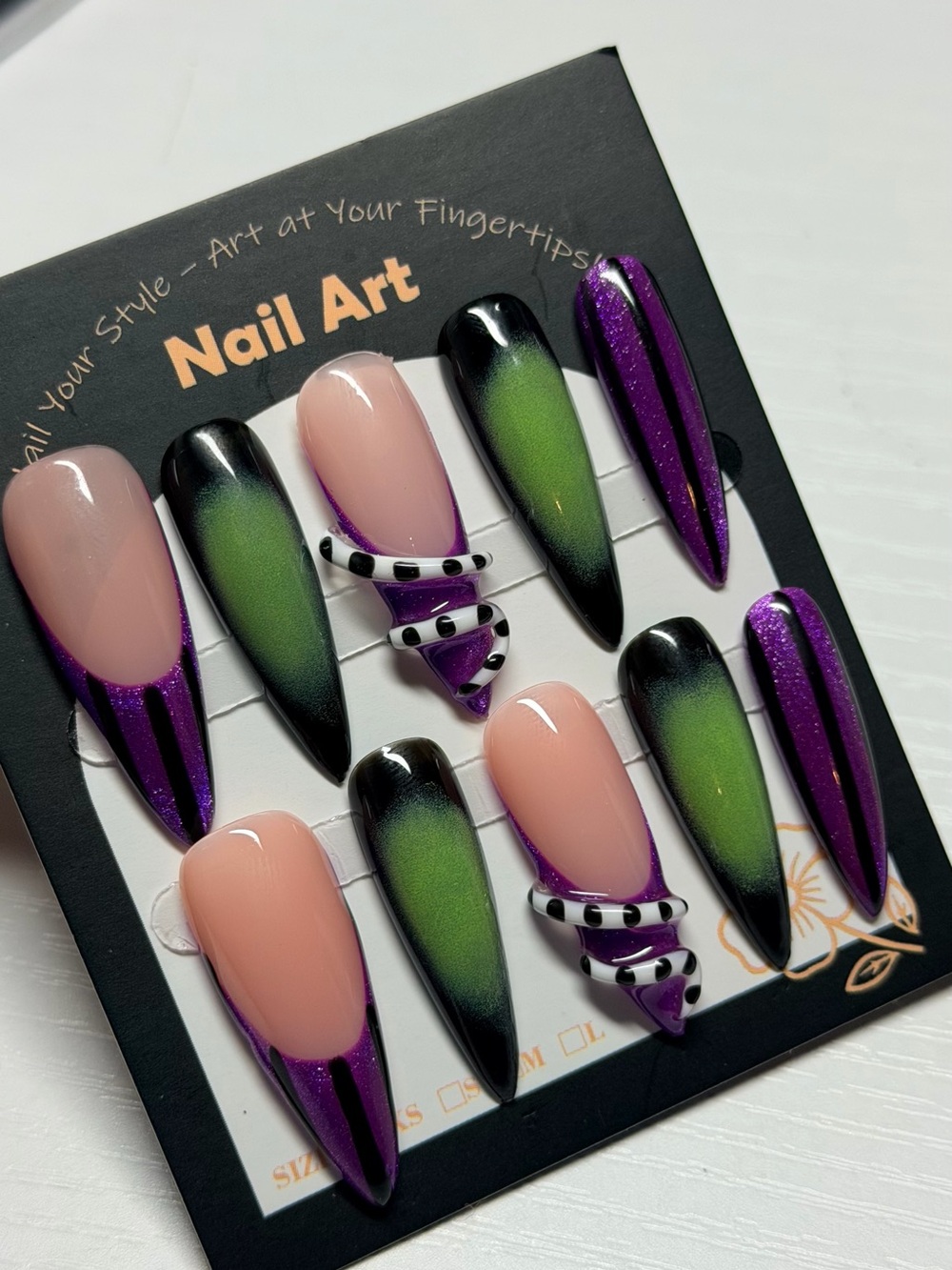 Purple, Green & Nude Stiletto Nail Art Set - beetle juice themed